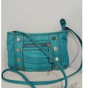 B. Makowsky Turquoise Leather Studded Convertible Crossbody Shoulder Bag